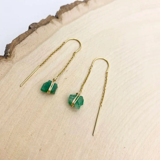 Raw Emerald Crystal 14k Gold Filled Threader Earrings - Emerald Aurora