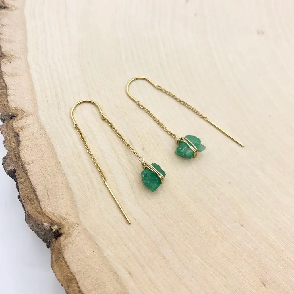 Raw Emerald Crystal 14k Gold Filled Threader Earrings - Emerald Aurora